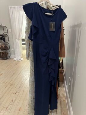 Woosea Navy One-Shoulder Ruffle Midi Dress